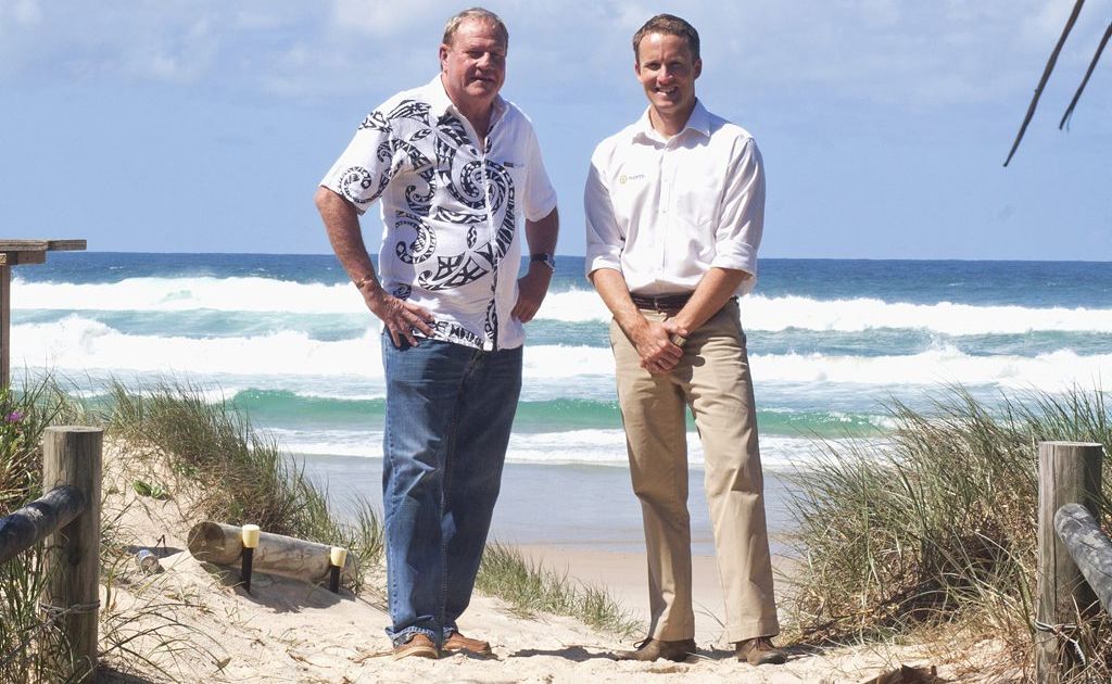 Beachbreak developer Tony McGinty and onsite representative Luke Staunton take in the salty air at Casuarina. Beachbreak developer Tony McGinty and onsite representative Luke Staunton take in the salty air at Casuarina.